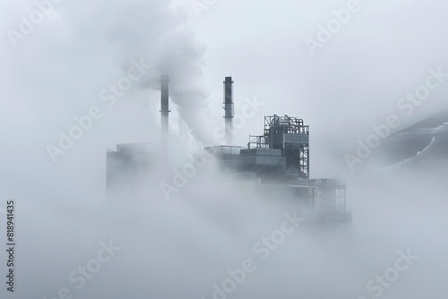 Industrial plant smokestacks emitting fumes, pollution and environmental impact on climate change and industrial sustainability