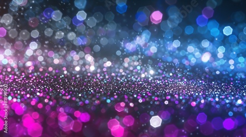 A vibrant abstract glitter background with shimmering silver, purple, and blue lights.