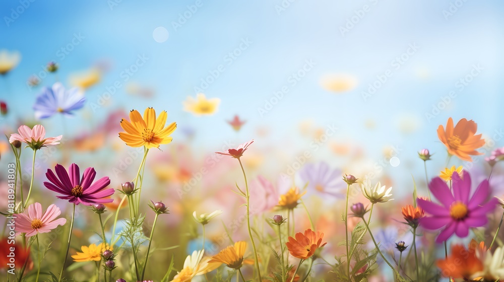 Colorful flower meadow with sunbeams and blue sky. Generative AI.