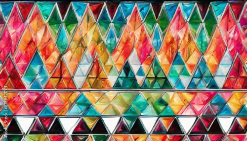 A vivid abstract mosaic of overlapping triangles in a myriad of colors, creating a dynamic and colorful geometric pattern.. AI Generation