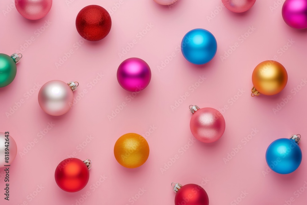 christmas balls on a pink background, christmas pattern concept, top view christmas balls on a pink background, christmas pattern concept, top view