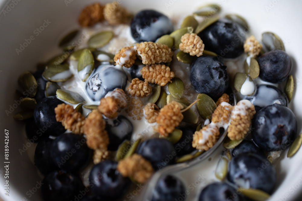 CLOSE UP COOKED PORRIDGE WITH HEALTHY FRUIT TOPPINGS , VEGAN OAT CREAM CLOSE UP COOKED PORRIDGE WITH HEALTHY FRUIT TOPPINGS , VEGAN OAT CREAM