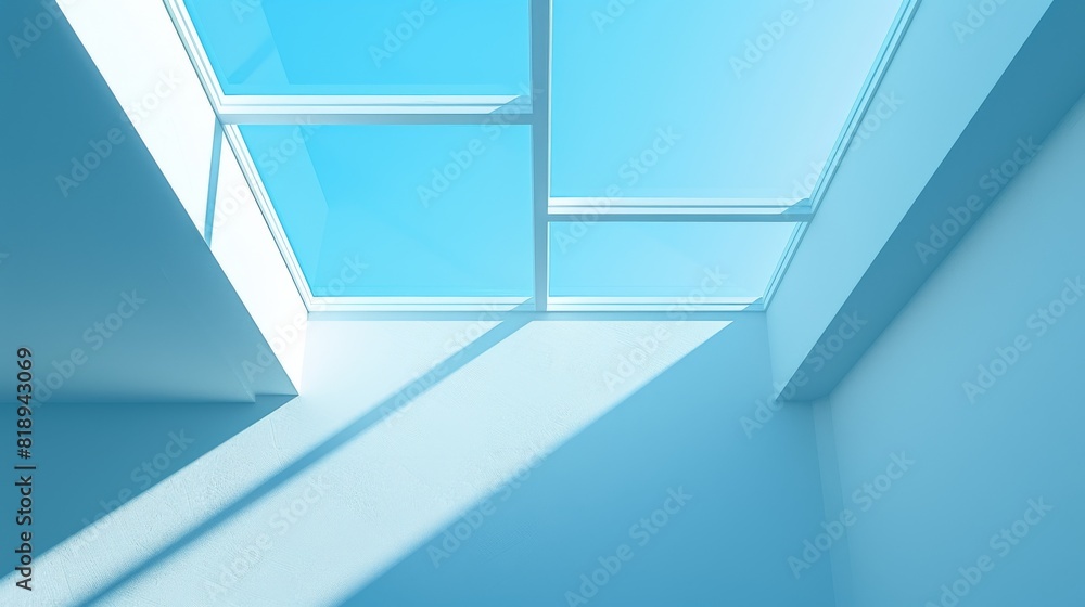 The photo shows a blue room with a large skylight. The skylight is letting in a bright beam of sunlight. The photo shows a blue room with a large skylight. The skylight is letting in a bright beam of sunlight.