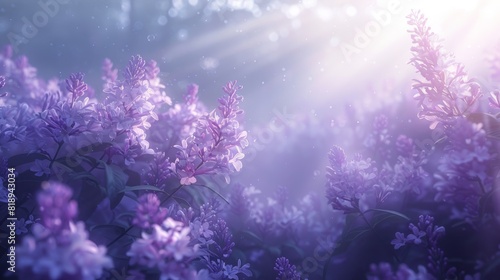 The photo shows a beautiful field of lavender flowers in bloom. The sun is shining brightly, and the flowers are a vibrant purple color. The image is very peaceful and relaxing.