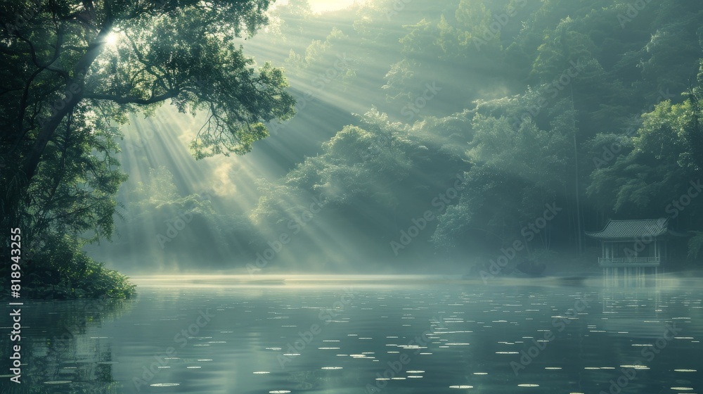 The sun shines through the trees and illuminates the lake with rays of light. The sun shines through the trees and illuminates the lake with rays of light.