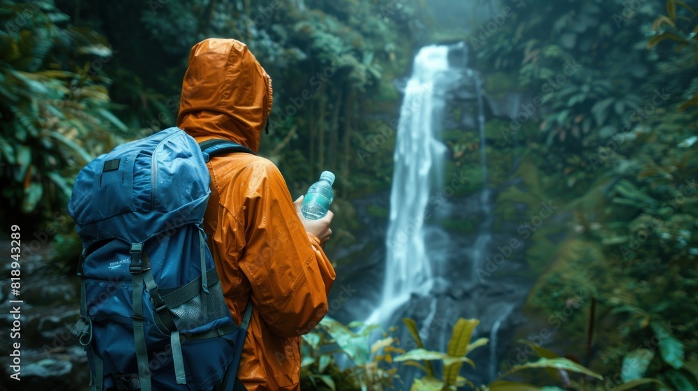A hiker with an orange and blue backpack holding their water bottle