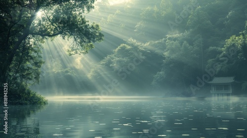 The sun shines through the trees and illuminates the lake with rays of light.