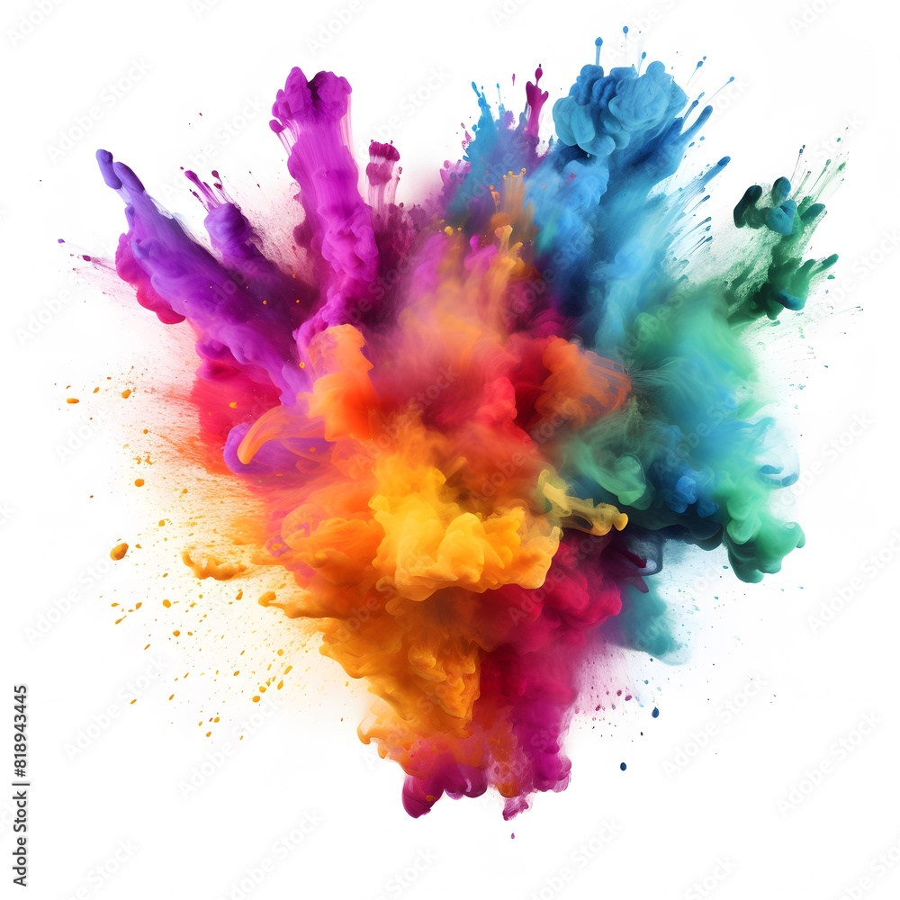Colorful explosion of paint on white background. Colorful smoke. Colorful powder splash in the air. Generative AI.