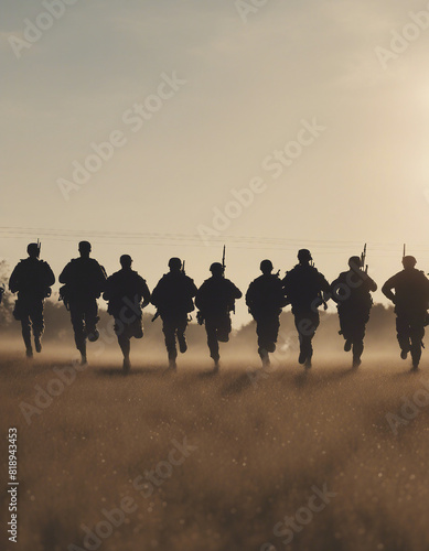 silhouette of soldiers on a morning run, lined up in a row in an open field 