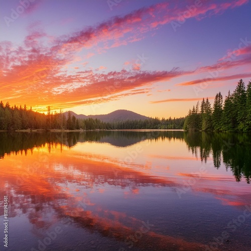An image of a vibrant sunset over a serene lake  with colorful reflections shimmering on the water