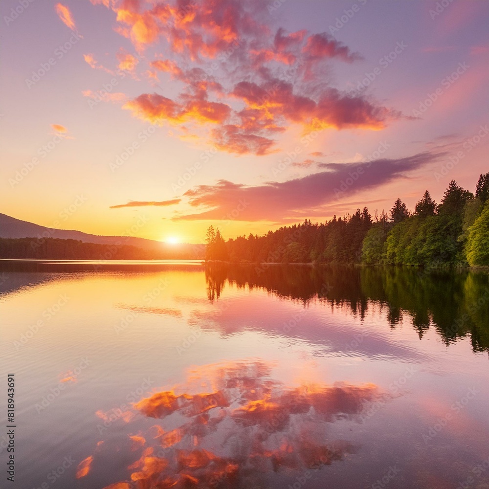 An image of a vibrant sunset over a serene lake, with colorful reflections shimmering on the water