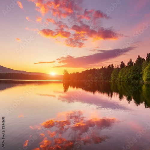 An image of a vibrant sunset over a serene lake  with colorful reflections shimmering on the water