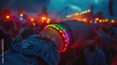 Glowing LED wristbands on wrist at night festival, vibrant lights and crowd in background. 