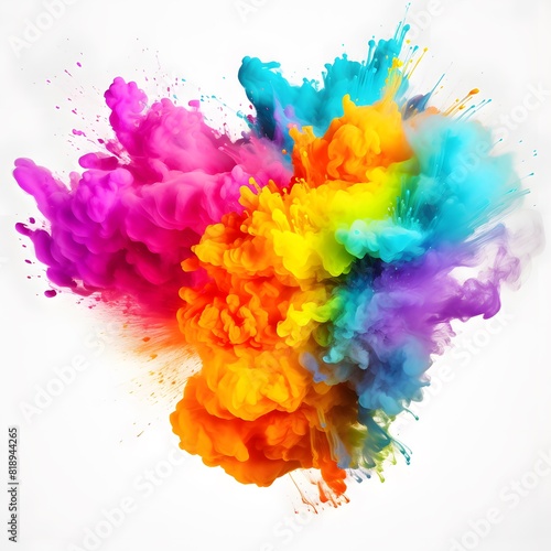 Colorful explosion of paint on white background. Colorful smoke. Colorful powder splash in the air. Generative AI.