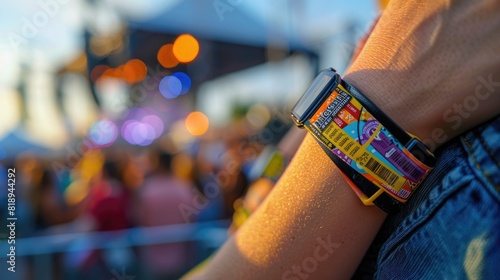 Close-up of colorful festival wristbands and tickets on a wrist, showing the vibrant atmosphere of an outdoor event with blurred lights.
 photo