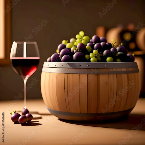 The elegance of winemaking: barrel, glasses, bottle, grapes and leaves. Wine world for true fans of this drink.