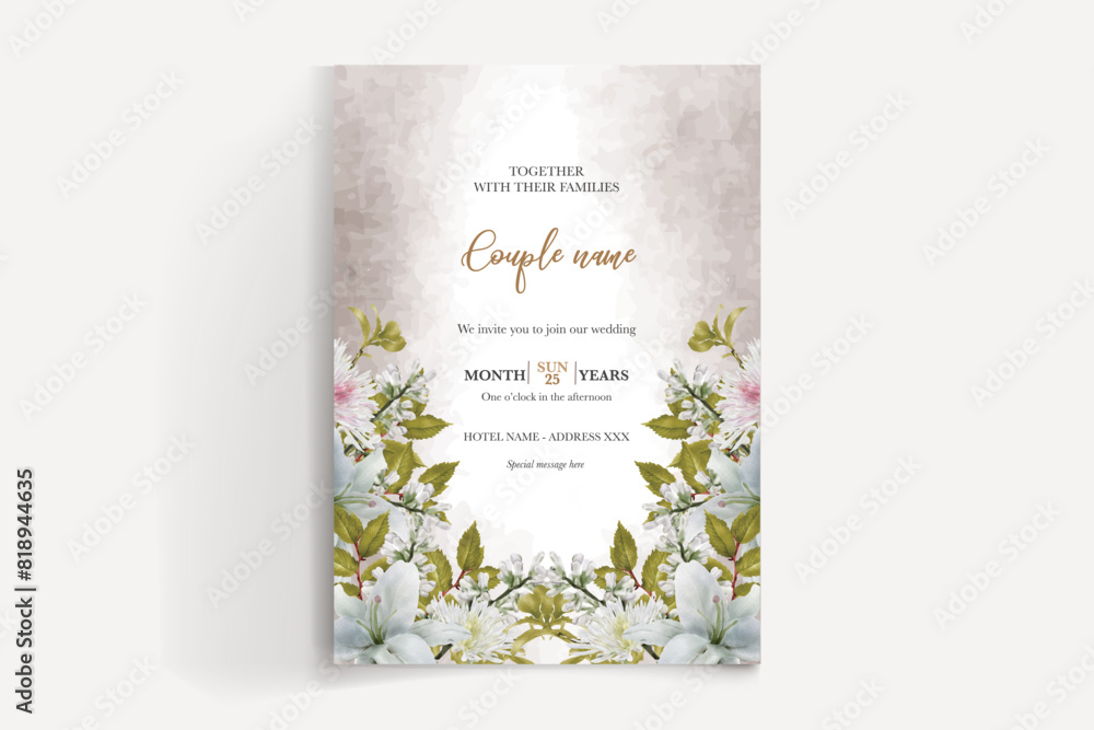 WEDDING INVITATION FRAME WITH FLOWER DECORATIONS AND FRESH LEAVES WEDDING INVITATION FRAME WITH FLOWER DECORATIONS AND FRESH LEAVES