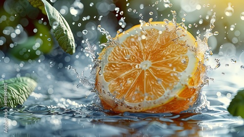 A slice of orange is floating in a pool of water