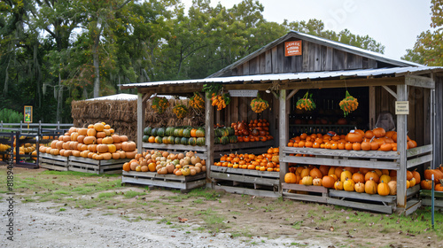 Stands with fresh pumpkins at farm