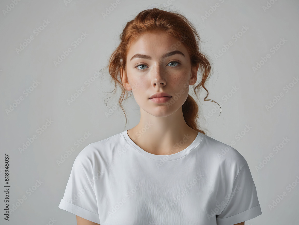 Fototapeta premium A woman in a white t - shirt looking at the camera.