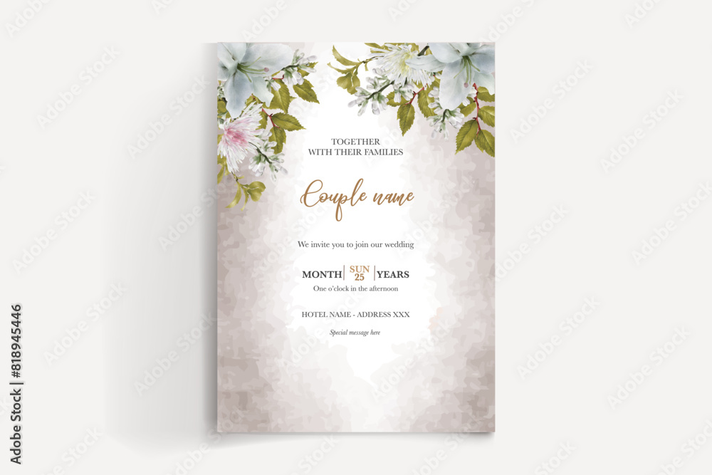 WEDDING INVITATION FRAME WITH FLOWER DECORATIONS AND FRESH LEAVES WEDDING INVITATION FRAME WITH FLOWER DECORATIONS AND FRESH LEAVES