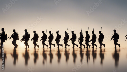 silhouette of soldiers on a morning run, lined up in a row in an open field
 photo