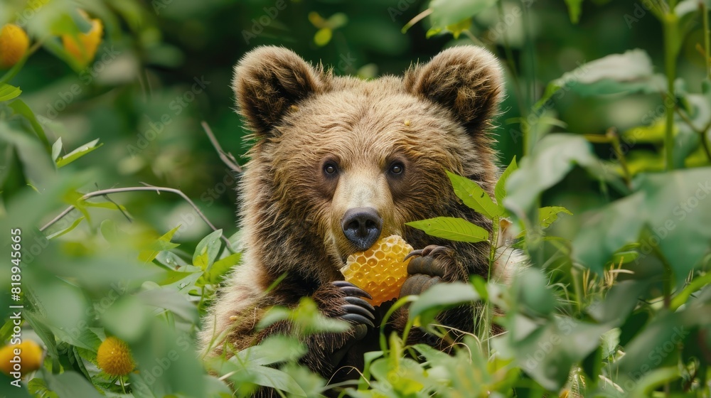 Fototapeta premium bear eats honey on the background of nature. Selective focus