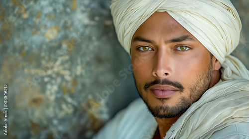 A man in a white turban with green eyes. photo