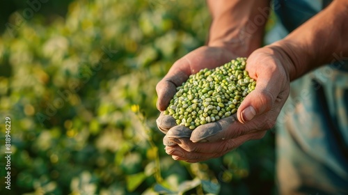 the farmer holds green buckwheat in his hands. Selective focus