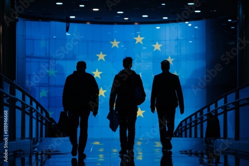 Two men walking down a walkway with the European flag projected on the wall behind them photo