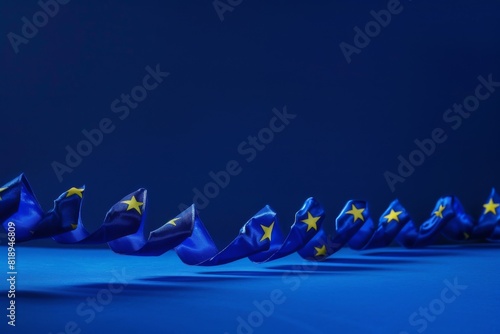 Row of blue flags with yellow stars representing the EU, symbolizing unity and democracy in 2024