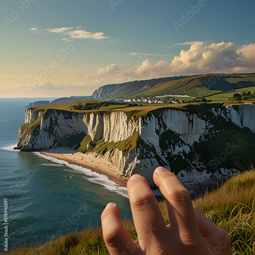 create a captivating background, Cliffs of Dover in the background. vintage poster paint book cover style design, with shadows and effect that gives the design captivating, super detailed, extremely 