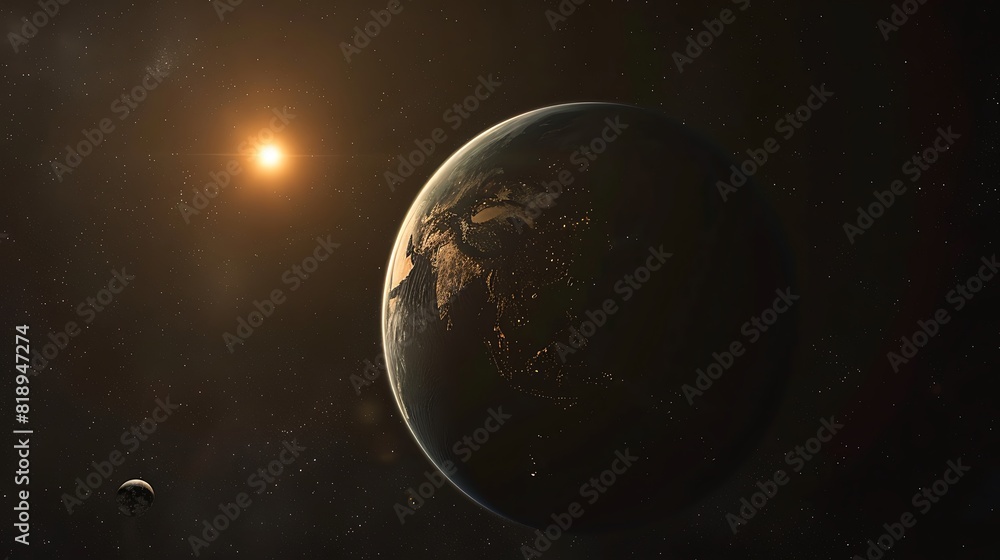 Fototapeta premium Stunning Planetary System in Deep Space with Vibrant Stars and Celestial Bodies Illuminated by a Distant Sun – Perfect for Science, Astronomy, and Space Exploration Themes