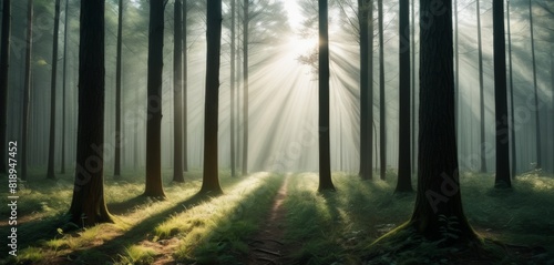 A captivating forest scene with sun rays piercing through the fog and trees, highlighting a narrow pathway that invites mystery and exploration.