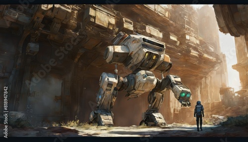 A colossal, bipedal mech robot stands in the ruins of a deserted city, with a solitary figure standing before it.. AI Generation photo