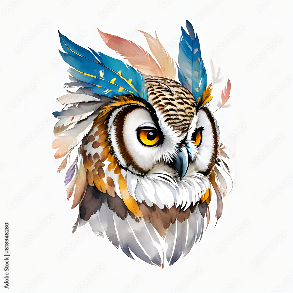 Fototapeta premium Majestic Owl with Feather Headdress Illustration.A striking illustration of a majestic owl adorned with a colorful feather headdress, capturing the essence of native symbolism and the beauty of wild