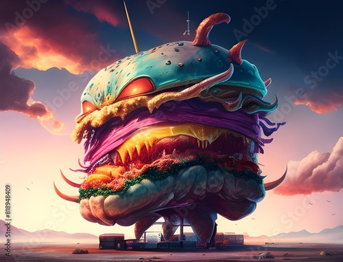 Giant Hamburger Monster A Whimsical Culinary Fantasia in a Retrofuturistic Diner
