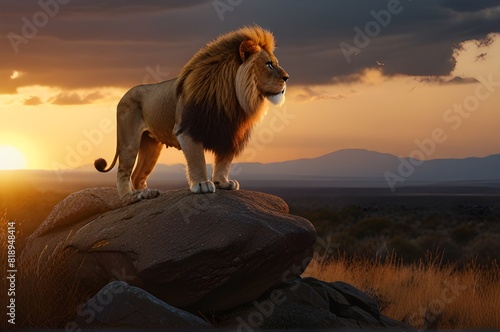  A powerful lion standing on a rocky outcrop overlooking the savanna. The sky is dramatic with a sunset  casting a golden light on the lion   s mane. 