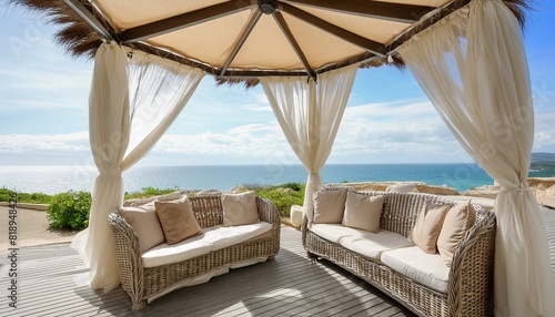 A beachfront cabana with a chic rattan sofa set, flowing curtains, and panoramic views of the ocean. © Jean