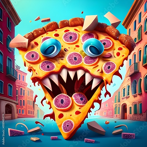 Pizza Monster Wreaks Havoc in Stylized Italian Town in Watercolor Render