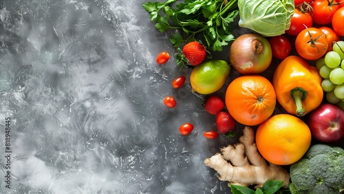 Fresh fruits and vegetables on grey background. Healthy eating concept. Flat lay, copy space.. with high resolution photography, copy space for text banner background