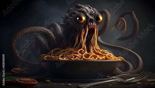 K Render of a Gnarled Tentacled Monster with Unholy Hunger for Steaming Pasta