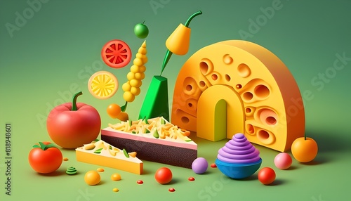 Vibrant D Rendering of a Delectable Food Plate on Uniform Color Background