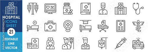 A set of line icons related to hospital. Hospital, ambulance, blood donation, stethoscope, doctor, medicine and so on. Vector outline icons set.