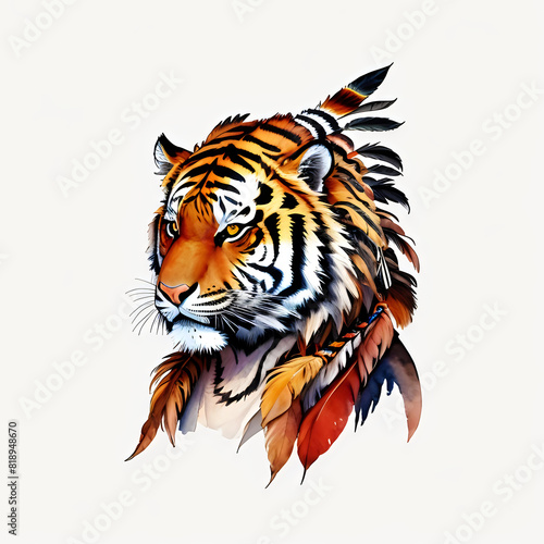 Majestic Tiger Portrait with Feather Accents. This vibrant digital artwork features a detailed portrait of a majestic tiger  enhanced with colorful feather accents for a unique  artistic touch. Perfec