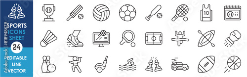 A set of line icons with various sports. Football, cricket, volleyball, tennis, chess and so on. Vector outline icons set.
