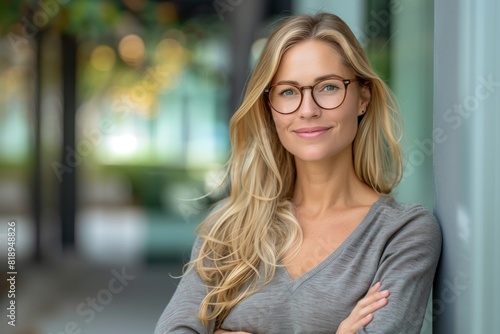 A smiling blonde woman with glasses stands in the street.