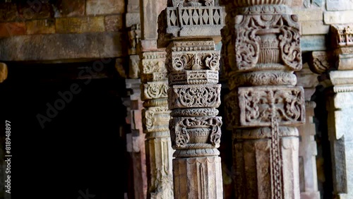 3 Feb 2024- Architecture of Pillars Inside Qutub Minar during daytime in Delhi. photo