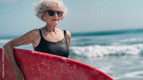 Confident Senior Woman with Surfboard © DaryaD