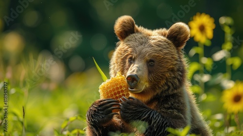 little bear eats honey. Selective focus